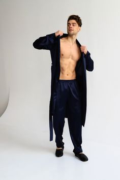 Men's Satin Set Silk Midi Robe Best Homewear With Pants - Etsy Mens Silk Robe, Mens Pajama, Silk Joggers, Robe Silk, Navy Gifts, Satin Set, Mens Pajamas Set, Silk Robe, Silk Hair