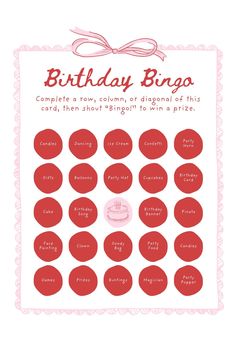 the birthday bingo game is shown in red and white