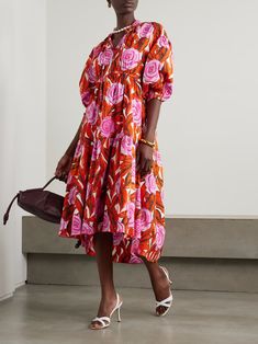 DIANE VON FURSTENBERG Artie gathered tiered floral-print cotton-blend midi dress | NET-A-PORTER Luxury Prints, Abstract Roses, Jw Fashion, Abstract Rose, Tiered Dresses, Ladies Day Dresses, Garden Parties, Red Midi Dress, Pink Midi Dress