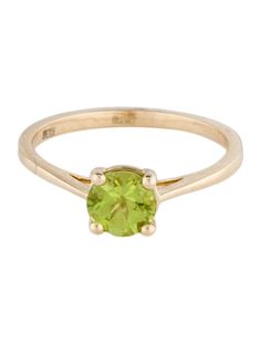 Band Width: 1.6mm Metal Type: 14K Yellow Gold Total Item Weight (g): 2.1 Gemstone: Peridot Carat Weight: 0.94 Stone Count: 1 Stone Shape: Round Modified Brilliant Stone Color: Green Yellow Gold Peridot Diamond Ring, Yellow Gold Peridot Diamond Ring With Birthstone, Yellow Gold Stackable Rings With Peridot, Fine Jewelry Peridot Birthstone Ring In Round Cut, Green Solitaire Birthstone Ring In 14k Gold, Fine Jewelry Peridot Birthstone Ring Round Cut, Classic Green 14k Gold Stackable Rings, Fine Jewelry Peridot Birthstone Ring, 14k Gold Green Solitaire Stackable Rings