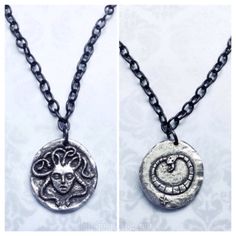 Medusa Ouroboros double sided necklace by lotusfairy on Etsy Silver Symbolic Medallion Necklace, Symbolic Brass Coin Necklace, Symbolic Handmade Coin Necklaces, Nickel-free Coin Medallion Necklace Gift, Spiritual Nickel-free Coin Pendant Necklace, Spiritual Nickel-free Coin Necklace With Round Pendant, Handmade Symbolic Pendant Coin Necklace, Handmade Symbolic Coin Pendant Necklace, Handmade Silver Coin Necklace With Symbolic Style