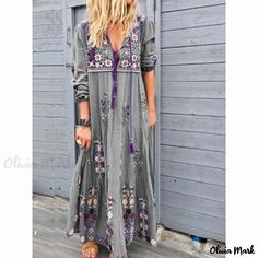 Olivia Mark - Chic Drawstring Belted Long Sleeve Maxi Dress with Floral Patchwork and Printed Design. Plus Size Long Dresses, Long Sleeve Boho Dress, Drawstring Dresses, Beach Maxi Dress, Styl Boho, Long Sleeve Maxi, Maxi Dress Party, Aaliyah, Boho Stil