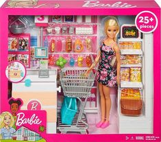 a barbie doll is standing in front of a toy store with her shopping cart and food