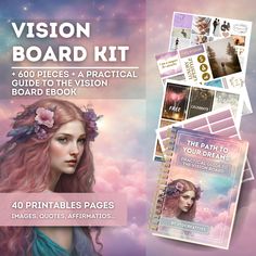 the book cover for vision board kit is shown with photos and text on purple background