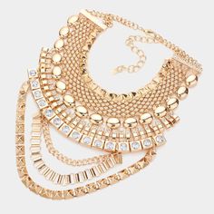 Necklace Size : 15.5" + 5" L Decor Size : 5.5" L Earring Size : 1.75" L Gold Bib Necklace With Jewels For Party, Gold Jeweled Bib Necklace For Party, Glamorous Gold-tone Metal Jewelry, Gold-tone Jeweled Metal Jewelry, Gold Bib Necklace With Jewels, Metal Necklaces With Plating For Party, Party Necklaces With Metal Plating, Party Necklace With Metal Plating, Party Costume Jewelry Necklaces