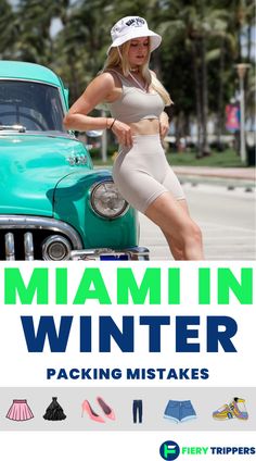 a woman in white dress and hat standing next to an old green car with the words miami