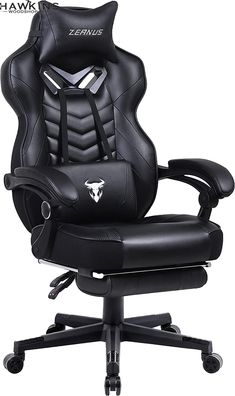 a black office chair with the logo of an animal head on it's back