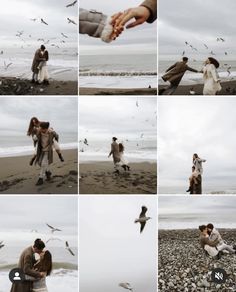 a couple is walking on the beach with seagulls flying around them and holding each other's hands