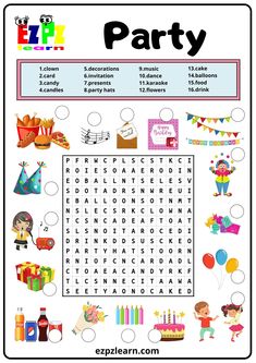 a birthday party word search page with balloons, cake and other things to do on it