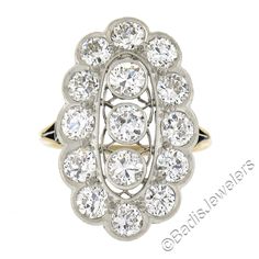 This majestic antique Edwardian era diamond dinner ring features 2.50 carats of large and fiery old European cut diamonds that are pave and bezel set throughout the elongated floral design. The ring is decorated with fine milgrain and open filigree work which are evidence of what phenomenal workmanship was used to create such an exquisite piece. An impressive antique dinner ring with wonderful finger coverage that is guaranteed to impress! Enjoy :) --Stone(s):-- (15) Natural Genuine Diamonds - O Dinner Ring, Edwardian Era, European Cut Diamonds, Gold Platinum, Cocktail Rings, Bezel Setting, Rings Statement, Antique Gold, Antique Jewelry