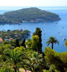 an island surrounded by trees and boats in the water