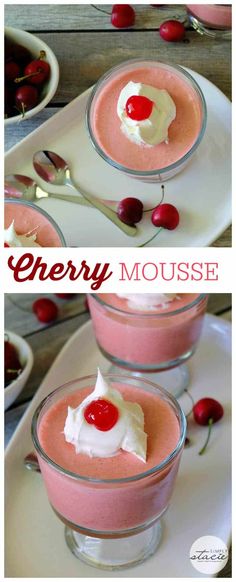 cherry mousse with whipped cream and cherries