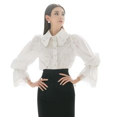 Gender: Women Material: COTTON Material: Polyester Clothing Length: REGULAR Style: Streetwear Fabric Type: Woven Sleeve Length(cm): Full Decoration: Button Pattern Type: Solid Collar: Turn-down Collar Sleeve Style: Flare Sleeve Long Sleeve Shirt With Lace Collar For Work, Fitted Puff Sleeve Blouse With Button Cuffs, Long Sleeve Blouse With Lace Collar For Office, Fitted Button-up Blouse With Lace Cuffs, Fitted Blouse With Lace Cuffs For Work, Office Blouse With Lace Collar And Long Sleeves, Fall Workwear Blouse With Lace Cuffs, Fitted Lace Collar Button-up Blouse, Fitted Long Sleeve Blouse With Lace Cuffs