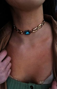 "▪ A delicate and beautiful choker necklace, made of a rectangular plate link chain decorated with a rectangular Swarovski zircon, the necklace comes in several colors, you can see the colors in the attached picture. The chain comes with an extra 2.36\" (6 cm) extension. ▪ Crystal Rhinestones Statement Choker Necklaces - Swarovski Rectangular blue Color choker necklace, blue CZ Choker, Gold Chunky Necklace ▪ SIZE Length: 11.8\" (30 cm) 13.8\" (35cm) 15\" (38cm) Width zircon: 0.78\"(2cm). High zi Classy Choker Necklace, Teal Choker, Necklaces Swarovski, Gold Chunky Necklace, Chunky Choker, Beautiful Chokers, Choker Gold, Gemstone Choker, Crystal Choker Necklace