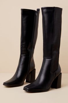 Every look you create with the Thia Black Square Toe Knee-High Boots will be worth everyone's attention! Sleek faux leather shapes these perfectly chic boots that feature a trendy square-toe upper that rises to a 13.5"" knee-high shaft with an elastic gusset along the outstep, a 15.25"" zipper at the instep, and a convenient pull tag at the bag. 14"" circumference. A sturdy block heel completes the stylish design! Available in whole sizes only. 3. 25" wrapped block heel. Lightly cushioned insole Black Heel Boots Knee High, Narrow Calf Knee High Boots, Square Boots Outfit Women, Tall Boots For Short Women, Trendy Mid-calf Square Toe Boots For Fall, Trendy Knee-high Heeled Boots With Reinforced Heel, Square Toe Boots With Reinforced Heel, Trendy Leather Platform Boots With Square Toe, Trendy Leather Square Toe Platform Boots