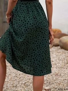 Katykey - Womens Leopard Print Tie Waist Mid-Length Skirt for Casual and Flared Summer Styling Casual Knee-length Beach Skirt, Casual Green Dress With Lined Skirt, Casual Non-stretch Midi Length Skirt, Non-stretch Vacation Skirt With Pockets, Green Midi Bottoms With Elastic Waistband, Casual Midi Length Bottoms For Vacation, Casual Midi-length Bottoms For Vacation, Green Knee-length Bottoms For Vacation, Green Knee-length Vacation Bottoms