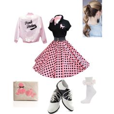 a pink and black outfit with polka dots