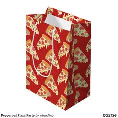 a red shopping bag with pizza slices on the front and bottom, all over it