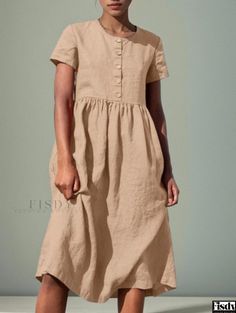 2 Basic Skirt, Cotton Linen Dresses, Khaki Dress, Crewneck Dress, Vintage Style Dresses, Basic Outfits, Types Of Skirts, Color Khaki, Linen Dress