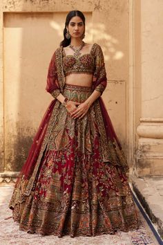 Roqa | Red Azara Lehenga Set | INDIASPOPUP.COM Gold Lehenga, Raw Silk Lehenga, Lehenga Red, Organza Lehenga, Bridal Lehenga Red, Lehenga Skirt, Embellished Blouse, Silk Lehenga, Ombre Effect