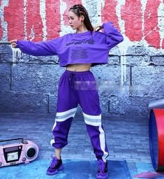 two color stripe accent hip hop dance loose harem pants High Waist Purple Pants For Streetwear, Purple High Waist Pants For Streetwear, Stretch Purple Pants For Streetwear, Purple Stretch Pants For Streetwear, Purple Sweatpants With Elastic Waistband, Hiphop Costume, Hiphop Pants, Looks Hip Hop, Dance Costumes Hip Hop