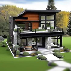 a drawing of a modern house in the middle of some trees and grass, with stairs leading up to it