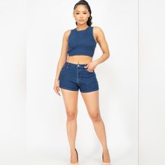 Two-Piece Denim Set Color- Dark Denim Crop Top Back Tie High Waisted Shorts Good Stretch True To Size 67%Cotton 28% Polyester 3% Rayon 2% Spandex Small (4/6) Medium (8/10) Large (12/14) Xlarge (16/18) Model Is Wearing Size Medium *5'5", 165lbs, 36c Bust* Medium Wash Denim Top, Fitted High Rise Dark Wash Jean Shorts, Fitted Cropped Denim Blue Bottoms, Blue Fitted Short Jeans, Blue Fitted Short Length Jeans, Fitted Blue Short Length Jeans, Fitted Short Length Blue Jeans, Trendy Denim Blue Short Length Top, Trendy Short Length Denim Blue Top