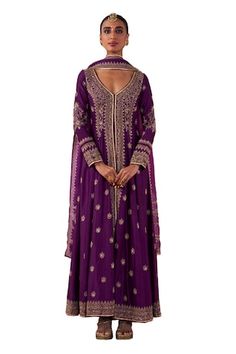 Purple jacket anarkali with dori, aari, sequin, cutdana embroidery in floral pattern. Paired with pant and dupatta. - Aza Fashions Cutdana Embroidery, Women Kurta, Purple Jacket, Embroidered Jacket, Set Women, Full Sleeves, Anarkali, Aza Fashion, Floral Pattern