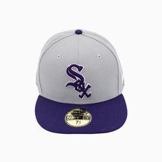 Upgrade your game to the next level with the New Era Chicago White Sox MLB 59FIFTY Fitted Hat. Show off your team pride with this premium accessory that features a sleek and comfortable fit. Perfect for any die-hard White Sox fan, this hat is a must-have for those who want to represent their team in style. Color: Grey / Purple Style: NECWS-GRYPUR Throwback Fitted Hat With Flat Brim For Sports Events, Throwback Flat Brim Fitted Hat For Sports Events, Gray Snapback Hat For Baseball Season Sports Events, Baseball Season Sports Visor Fitted Hat, Baseball Season Sports Trucker Hat With Team Logo, Sports Fan Snapback Fitted Hat For Sports Events, Gray Snapback Fitted Hat For Sports, Sporty Gray Hat For Baseball Season, Sporty Six-panel Trucker Hat For Fans