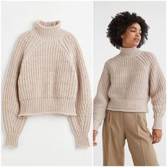 Boxy Sweater In Soft, Knit Fabric With Wool Content. Roll-Edge Mock Turtleneck, Long, Wide Raglan Sleeves, And Wide, Roll-Edge Ribbing At Cuffs And Hem. True To Size. Cropped Style Sizethe Model Is 175cm/5'9" And Wears A Size S Compositionpolyester 50%, Acrylic 45%, Wool 5% Additional Material Informationshell: Recycled Polyester 50% Brand New. Final Sale. Please Ask Questions Before Purchasing. H&m Textured Knit Sweater For Fall, Fall Knitted Tops From H&m, H&m Long Sleeve Chunky Knit Sweater, H&m Textured Knit Tops For Fall, Trendy Knit Sweater By H&m, Trendy H&m Knit Sweater, Beige Long Sleeve Sweater From H&m, H&m Beige Long Sleeve Sweater, H&m Casual Beige Sweater