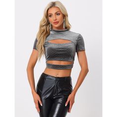 Looking for a stylish crop top for your next party or club occasion? Check out the Allegra K Cut Out Top for Women's! Made from soft velvet fabric, this hot top features a glittery sparkle design and short sleeves with a mock neck cut out front. Its cropped length and slim fit make it perfect for pairing with tight trousers or short skirts for a chic and hot look. Add this top to your wardrobe to add a touch of fashion and glamour to any outfit!