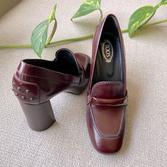 Excellent Condition - Worn Only A Handful Of Times Elevated Loafer With Block Heels In A Stunning Rich Burgundy Square Toe 4" Wood Block Heel Shoe Bag Included - No Original Box (Will Be Shipped In Appropriate Shoe Box) A Few Minor Nicks/Scratches As Shown In Photos Size 7 (It 37) Tods Shoes, Rich Burgundy, Block Heel Shoes, Heeled Loafers, Shoe Box, Leather Heels, Shoes Women Heels, Block Heels, Original Box