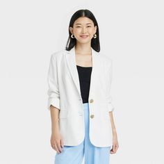 Women's Linen Spring Blazer - A New Day™ White XS Linen Suits Women, Womens Tailored Suit, Spring Blazer, Linen Suits, Long Sleeve Blazers, Tailored Suits, Dressy Outfits, Notched Collar, Womens Clothing Sizes