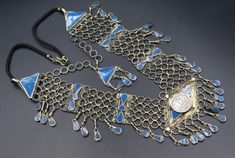 "Afghan Turkmen traditional alpaka chain style necklace. Its 100% hand crafted workmanship with beautiful inlay sky blue enamel workmanship with chain design necklace. Please do not hesitate to contact if you have any questions. Length : 19.3\" ( 49 cm ) Weight : 91.8 Grams, Color of Item can be slightly different because of light etc. Please know what you are bidding on. The metal of Most Kuchi, Afghan and Turkoman items are called with different names, Some called Alpaca silver, German Silver Ceremonial Blue Enamel Jewelry, Blue Enamel Bohemian Necklaces, Vintage Blue Ceremonial Jewelry, Blue Festival Necklace, Bohemian Silver Enamel Necklaces, Unique Blue Necklaces For Festivals, Artisan Blue Nickel-free Necklace, Vintage Blue Enamel Necklace, Handmade Turquoise Ceremonial Necklaces