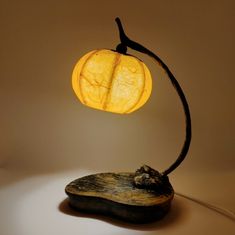 a lamp that is sitting on top of a piece of wood with a light inside it