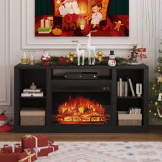 a living room decorated for christmas with presents on the floor and a fire in the fireplace