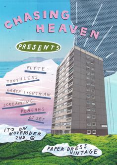 an advertisement for chasing heaven, with the words above it and below it are images of skyscrapers