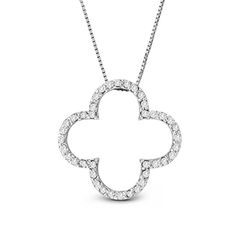 Lucky clover diamond pendant in 14k white gold. ~This style is handcrafted and requires 5 days for the jeweler to complete prior to shipping.~ Fine Jewelry Platinum Flower Shaped Jewelry, White Flower-shaped Diamond Necklace, White Diamond Necklace With Flower-shaped Accents, White Diamond Necklace With Flower Shape And Diamond Accents, White Diamond Necklace With Flower Shape Accents, Fine Jewelry White Gold Flower-shaped Diamond Necklace, White Diamond Necklace With Flower Pendant, Fine Jewelry White Gold Diamond Necklace In Flower Shape, White Gold Cubic Zirconia Flower Shaped Diamond Necklace