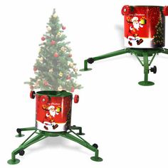 a christmas tree stands next to a red and white drum shaped like a santa clause