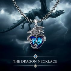 The dragon is a powerful symbol that has been revered for centuries in many cultures. It represents strength, courage, and protection. This beautiful blue crystal heart necklace is the perfect way to show your inner strength and remind you of the powerful, protective energy that all of us have inside. Whether you're dressing up or just want to add a little bit of magic to your everyday look, this necklace is sure to inspire your confidence and make you feel beautiful every time you wear it. Treat yourself or someone special in your life to this stunning piece today! pendant material: 100% 925 sterling silver Pendant Size: 31*22mm Pattern: Dragon, Blue crystal stone. Metal Color: Silver Item Weight: 7.86 Chain material: 100% 925 sterling silver Sterling Silver Spiritual Necklace With Dragon Design, Spiritual Sterling Silver Necklace With Dragon Design, Blue Spiritual Heart Pendant Jewelry, Spiritual Blue Heart Pendant Jewelry, Sapphire Spiritual Necklace For Gift, Spiritual Sapphire Necklace For Gift, Spiritual Blue Heart Pendant Necklace, Mystical Blue Pendant Necklace, Blue Heart-shaped Spiritual Necklace