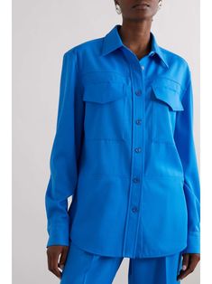 ALEXANDER MCQUEEN Paneled grain de poudre wool shirt | NET-A-PORTER Blue Tops With Patch Pockets For Fall, Blue Workwear Shirt With Patch Pockets, Blue Work Shirt With Patch Pockets, Wool Shirt, Net A Porter, Women Collection, Alexander Mcqueen, Porter, Alexander