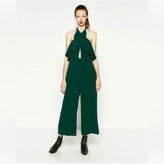 Zara Women Jumpsuit Size: Xs Color: Green Shell: Polyester Sleeveless Halter Ruffle Neckline Cutout Accent Open Back Zipper Closure On The Pants Slightly Cropped Wide Legs Measurement Taken Laying Flat: Waist: 13”, Inseam: 23”, Length: 54” New With Tag $99.90 Summer Workwear Jumpsuits And Rompers With Ruffles, Strapless Jumpsuit For Date Night In Spring, Spring Date Night Strapless Jumpsuit, Trendy Ruffled Jumpsuits And Rompers For Day Out, Green Fitted Jumpsuit With Ruffles, Fitted Green Jumpsuits And Rompers With Ruffles, One-piece Ruffled Jumpsuits And Rompers For Party, Chic Strapless Jumpsuit For Spring Day Out, Chic Strapless Jumpsuit With Ruffles For Evening