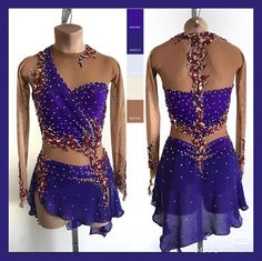 a woman's purple belly dance outfit with red and blue beads on the back