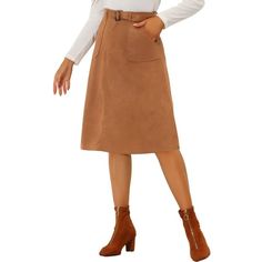 Bring a classic fall vibe to smart-casual ensembles with this beautifully a-line belted skirt. Updating your wardrobe with this faux suede pocket skirt features with a-line silhouette for universal body shape. Merging feminine and modern stylish, this skirt is made of stretchy faux suede which is comfortable and chic for the fall/winter season. This casual midi skirt has an elastic on the waist back, offers you a comfortable and stylish fit. Matching with timeless knitwear, blouse and retro leat Postpartum Clothes, Midi Skirt With Belt, Suede Midi Skirt, Timeless Knitwear, Midi Skirt Casual, Belted Skirt, Midi Skirt With Pockets, Skirt With Belt, Pocket Skirt