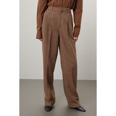 Brown plaid knit (43% Cotton, 40% Wool, 14% Nylon, 3% Other Fiiber). Lining (100% Viscose). Pants. Front zipper closure. 32" inseam. 12.5" rise. 24.5" leg opening. Imported. High-waisted Wool Pants In Brown, Brown Wool High-waisted Pants, High-waisted Brown Wool Pants, Tailored Full Length Wide Leg Fall Pants, Winter Workwear Bottoms With Welt Pockets, Wool Pants For Fall With Straight Leg, Tailored Wide Leg Pants With Belt Loops For Fall, Full Length Pants For Business In Fall, Tailored Plaid Casual Bottoms