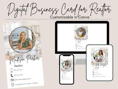 the digital business card for realtor is displayed on two devices and one tablet screen