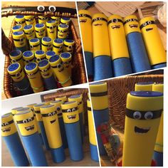 there are many yellow and blue cylinders with faces on them in the shape of characters