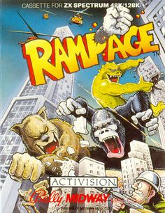 an old computer game cover for the video game rammagege, with monsters attacking buildings