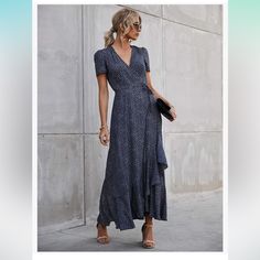 New With Tags! Pretty Garden Womens Summer Wrap Maxi Dress Casual Boho Floral V Neck Short Sleeve Ruffle Hem Split Beach Long Dresses Blue Spring Wrap Dress For Vacation, Midi Length Wrap Dress For Vacation, Casual Maxi Length Wrap Dress For Summer, Casual Maxi Length Wrap Dress For Day Out, Casual V-neck Wrap Dress For Garden Party, Casual Midi Wrap Dress For Day Out, Maxi Length Wrap Dress For Day Out, Blue Maxi Length Wrap Dress For Spring, Blue Midi Length Wrap Dress For Summer