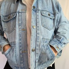 Vintage Cherokee Jean Jacket With Pocket Detail, Sz M. Nice Light Wash, Perfect For Spring Washed Blue Utility Outerwear For Winter, Winter Utility Outerwear In Washed Blue, Fall Outerwear In Washed Blue With Pockets, Light Wash Oversized Outerwear With Pockets, Oversized Washed Blue Outerwear With Pockets, Denim Blue Long Sleeve Outerwear With Multiple Pockets, Medium Wash Long Sleeve Outerwear With Multiple Pockets, Long Sleeve Denim Blue Outerwear With Multiple Pockets, Blue Relaxed Fit Utility Jacket For Winter